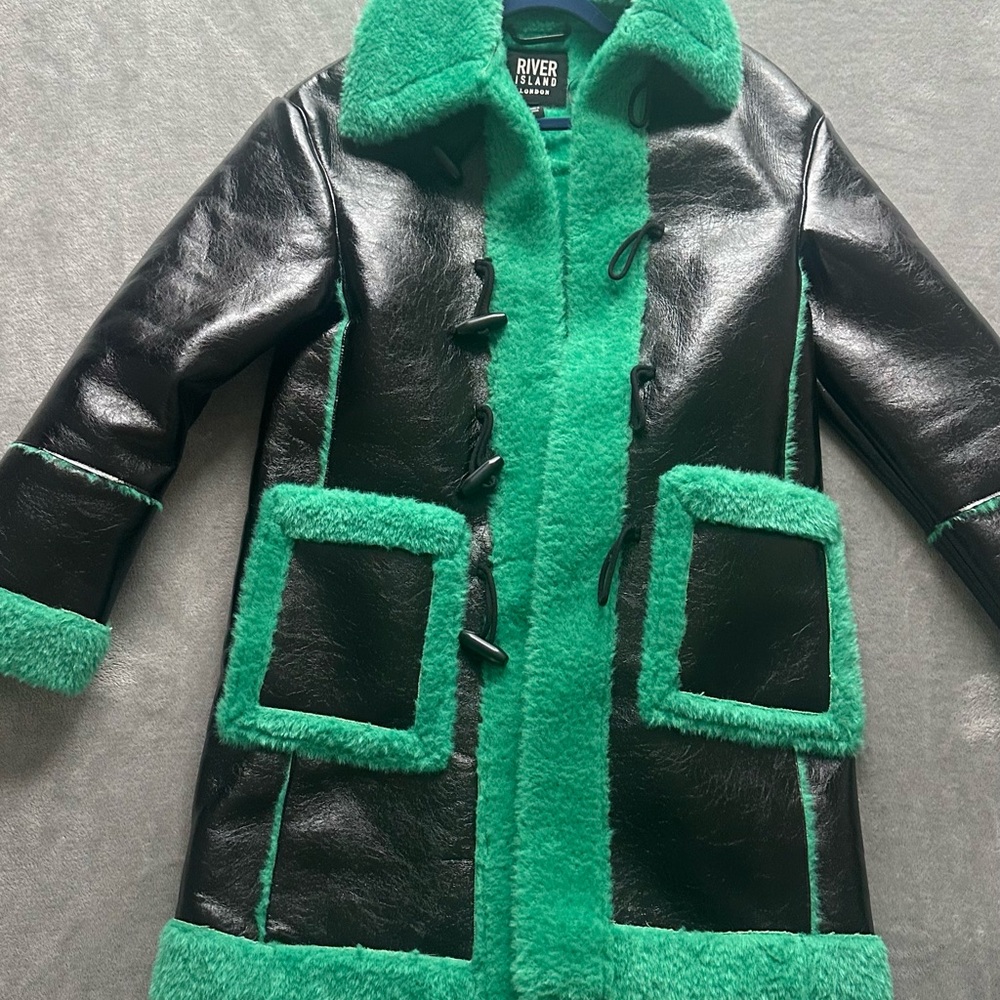 Black and Green Faux Fur Trim Coat